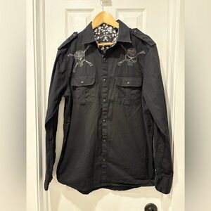 Black Skull Embroidered Men's Shirt pearl snap large *$20 item 2 for $30* Y2K